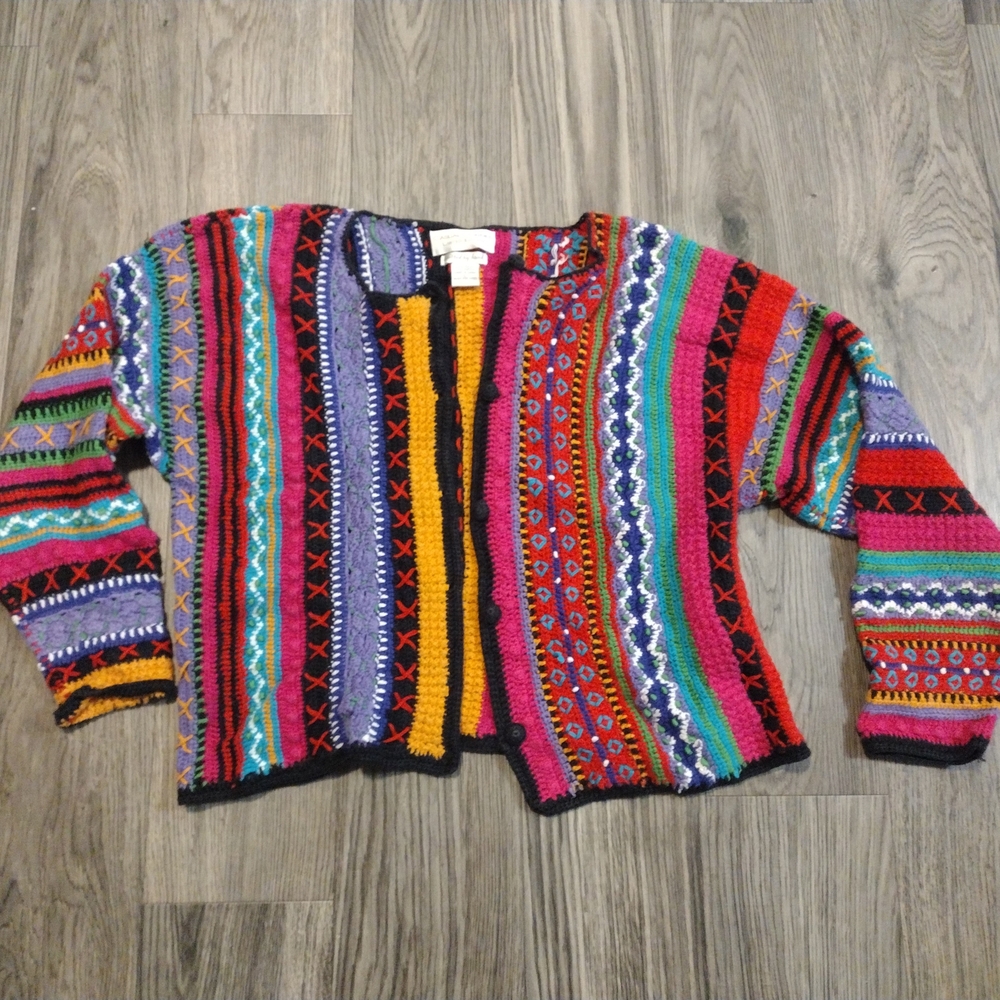 Casual Corner Vibrant Hand Knitted Striped  Women's Cardigan